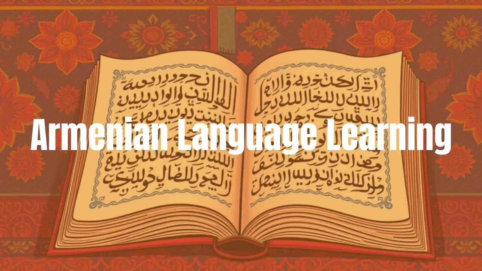 An open book with Armenian alphabet letters, vibrant colors, traditional Armenian patterns in the background, warm and inviting atmosphere, illustrative style.