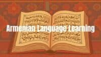 An open book with Armenian alphabet letters, vibrant colors, traditional Armenian patterns in the background, warm and inviting atmosphere, illustrative style.