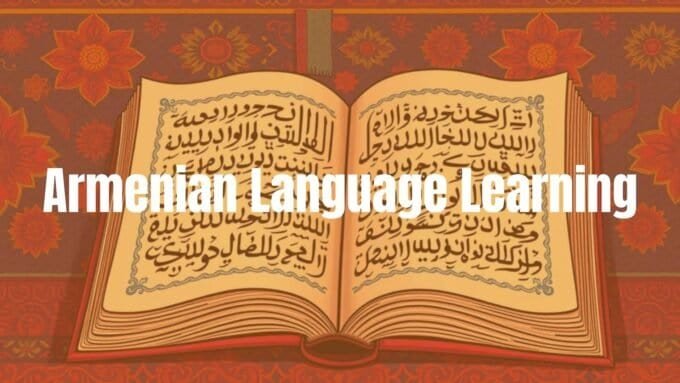 An open book with Armenian alphabet letters, vibrant colors, traditional Armenian patterns in the background, warm and inviting atmosphere, illustrative style.