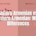 Split image of two Armenian alphabets side by side, Eastern and Western script comparison, historical and cultural vibe, illustrative style.