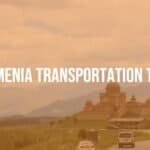 Armenian landscape with mountains, old monasteries, and a mix of Soviet-style buses and modern transport, scenic view, realistic.