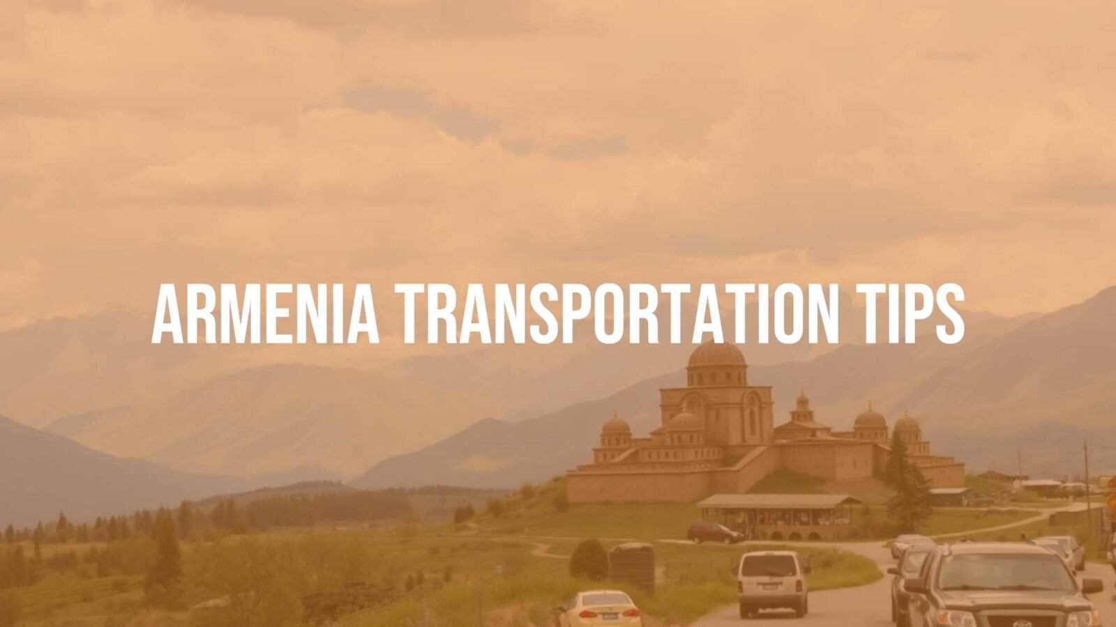 Armenian landscape with mountains, old monasteries, and a mix of Soviet-style buses and modern transport, scenic view, realistic.