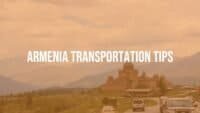 Armenian landscape with mountains, old monasteries, and a mix of Soviet-style buses and modern transport, scenic view, realistic.