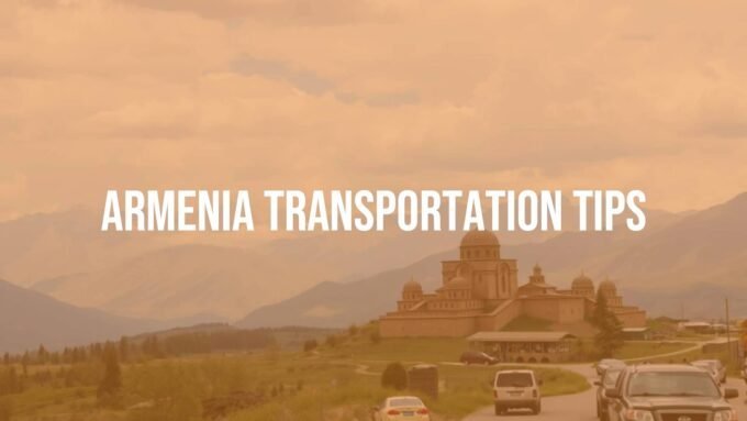 Armenian landscape with mountains, old monasteries, and a mix of Soviet-style buses and modern transport, scenic view, realistic.