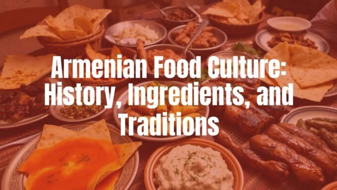 Traditional Armenian feast table, lavash bread, dolma, grilled meats, fresh herbs, warm and inviting atmosphere, rustic setting, cultural authenticity, realistic.