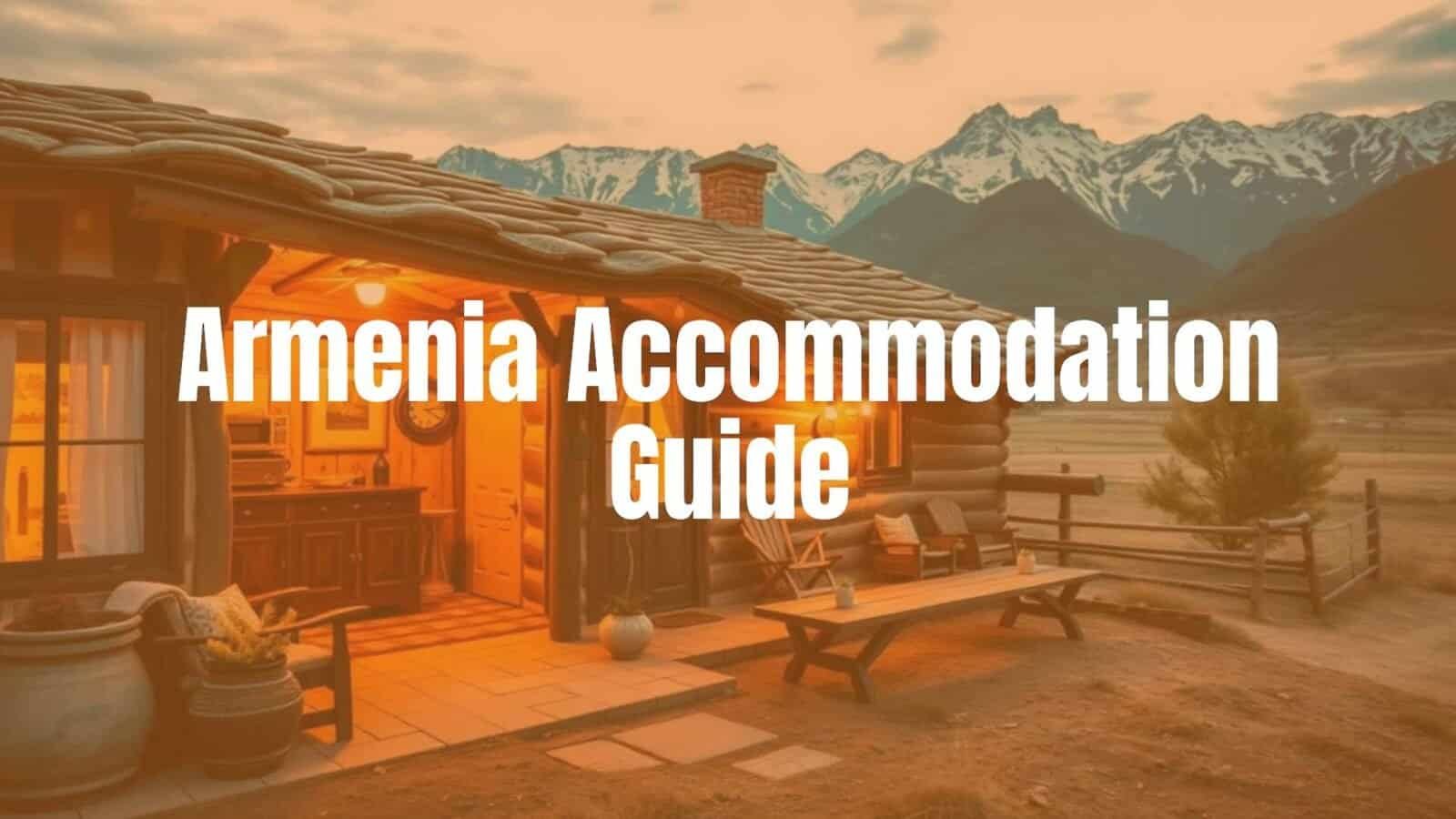 A cozy Armenian guesthouse with traditional decor, nestled in the countryside, warm lighting, scenic mountain backdrop, inviting and peaceful atmosphere, realistic.