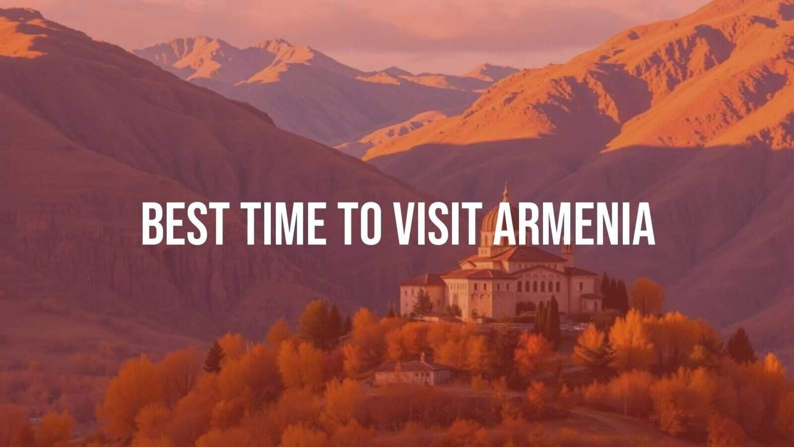Scenic view of Armenia in autumn, golden landscapes with mountains, historic monastery in the background, warm sunlight, peaceful and inviting atmosphere, realistic.