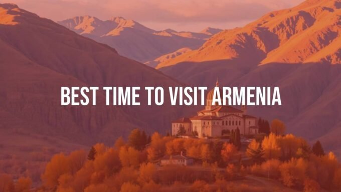 Scenic view of Armenia in autumn, golden landscapes with mountains, historic monastery in the background, warm sunlight, peaceful and inviting atmosphere, realistic.