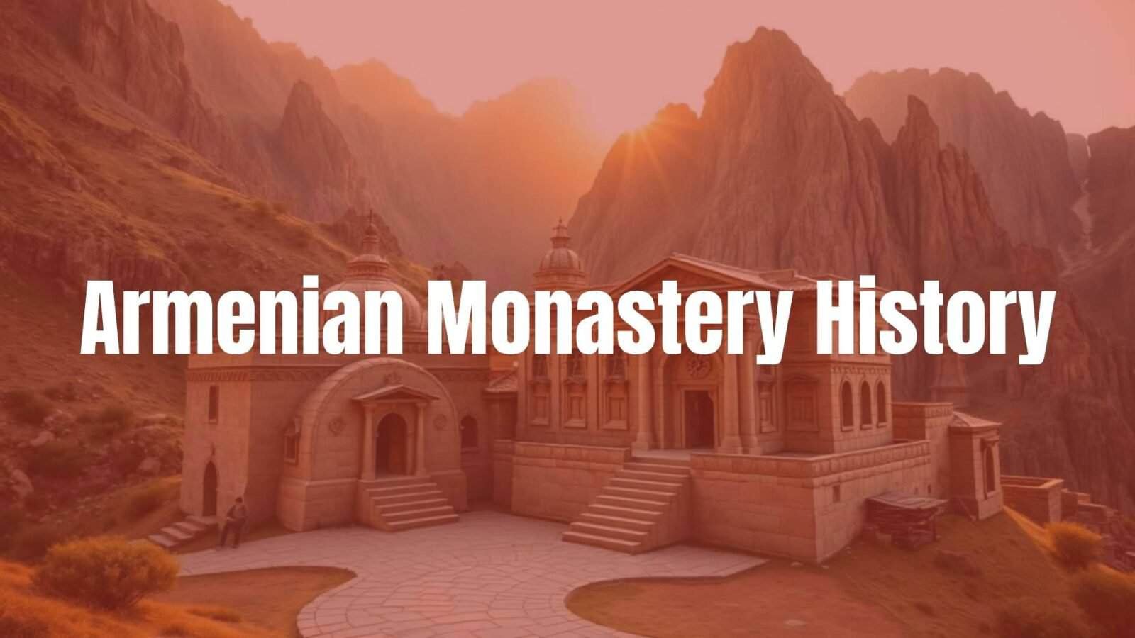 Ancient Armenian monastery nestled in rugged mountains, stone architecture with intricate carvings, golden sunset lighting, serene and spiritual atmosphere, realistic.