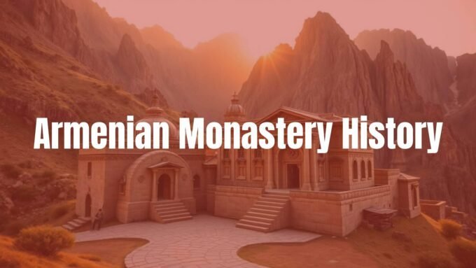 Ancient Armenian monastery nestled in rugged mountains, stone architecture with intricate carvings, golden sunset lighting, serene and spiritual atmosphere, realistic.