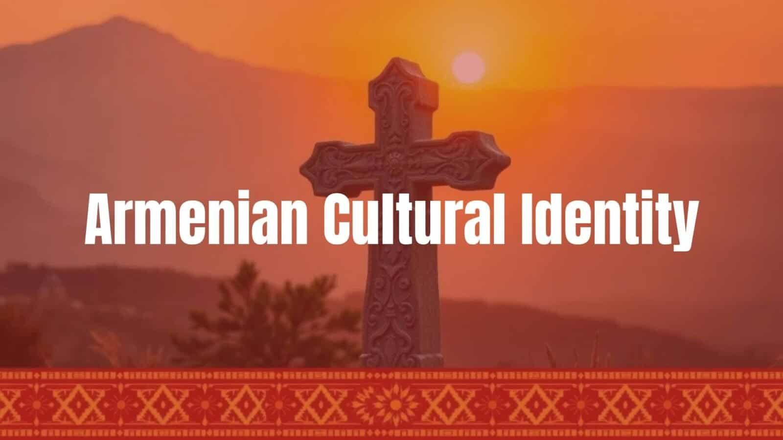 Armenian cultural identity, ancient stone cross (khachkar) with intricate carvings, Mount Ararat in the background, warm golden sunset, traditional Armenian patterns, realistic.