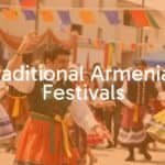 Traditional Armenian festival celebration, vibrant colors, people dancing in traditional costumes, joyful atmosphere, cultural heritage, realistic.