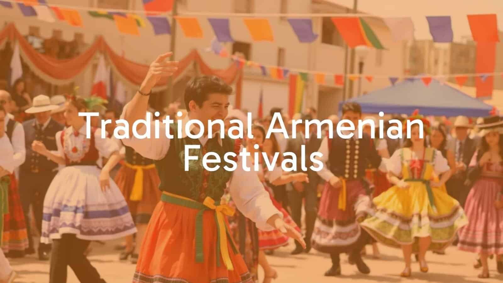 Traditional Armenian festival celebration, vibrant colors, people dancing in traditional costumes, joyful atmosphere, cultural heritage, realistic.