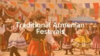 Traditional Armenian festival celebration, vibrant colors, people dancing in traditional costumes, joyful atmosphere, cultural heritage, realistic.