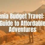 Ancient Armenian monastery nestled in scenic mountains, vibrant autumn colors, budget traveler with backpack exploring, warm sunlight, realistic.