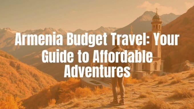 Ancient Armenian monastery nestled in scenic mountains, vibrant autumn colors, budget traveler with backpack exploring, warm sunlight, realistic.