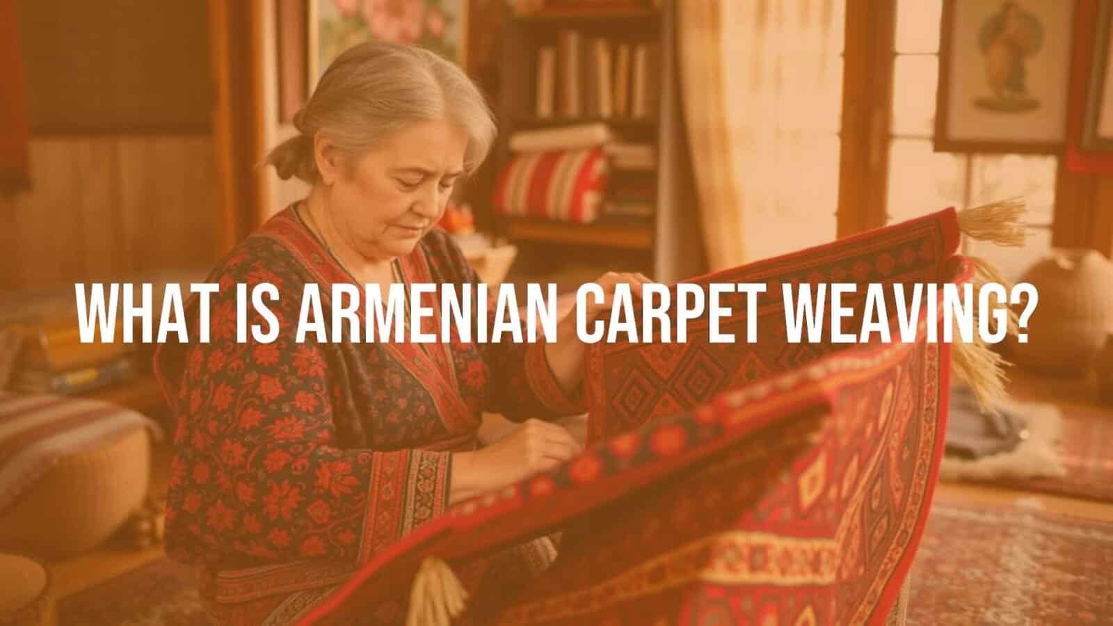 Armenian woman weaving a traditional carpet, intricate patterns, vibrant colors, cozy home setting, cultural heritage, realistic.