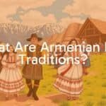 Armenian folk traditions, colorful customs, mountainous landscape, detailed traditional clothing, stone carvings, lively dance, warm and welcoming atmosphere, illustrative style.