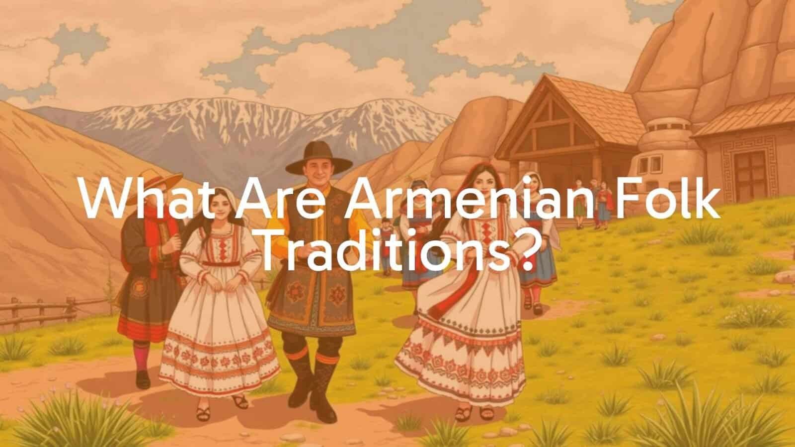 Armenian folk traditions, colorful customs, mountainous landscape, detailed traditional clothing, stone carvings, lively dance, warm and welcoming atmosphere, illustrative style.