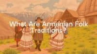 Armenian folk traditions, colorful customs, mountainous landscape, detailed traditional clothing, stone carvings, lively dance, warm and welcoming atmosphere, illustrative style.