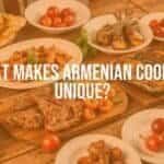 Traditional Armenian meal on a wooden table, featuring lavash bread, grilled lamb, eggplant, and fresh herbs with pomegranates and apricots, warm lighting, rustic style, realistic.