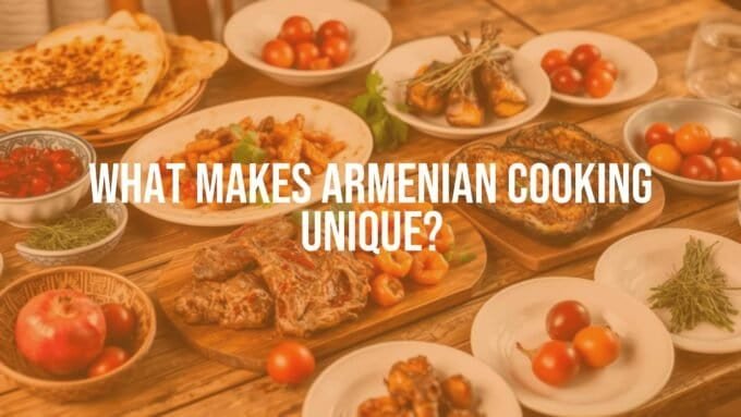 Traditional Armenian meal on a wooden table, featuring lavash bread, grilled lamb, eggplant, and fresh herbs with pomegranates and apricots, warm lighting, rustic style, realistic.