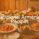 Traditional Armenian feast, colorful dishes on a wooden table, including stews and pastries, warm lighting, cultural and inviting atmosphere, realistic.