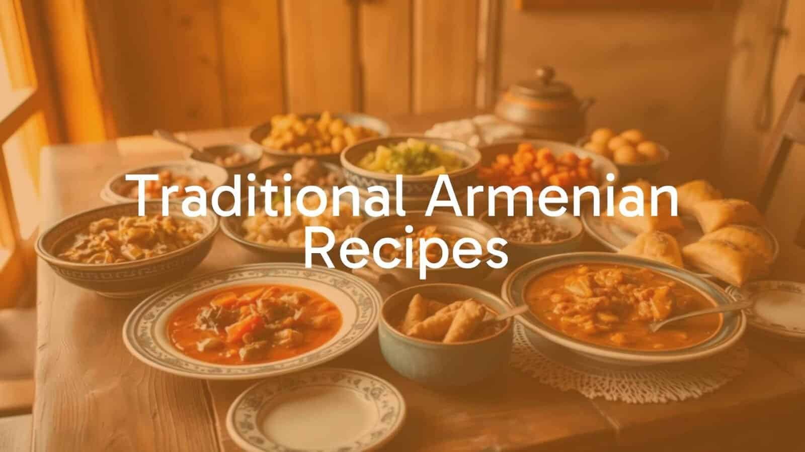 Traditional Armenian feast, colorful dishes on a wooden table, including stews and pastries, warm lighting, cultural and inviting atmosphere, realistic.