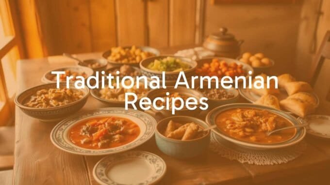 Traditional Armenian feast, colorful dishes on a wooden table, including stews and pastries, warm lighting, cultural and inviting atmosphere, realistic.
