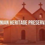 Ancient Armenian stone church under golden sunlight, surrounded by mountains, traditional Armenian cross carved into stone, serene and historic atmosphere, realistic.