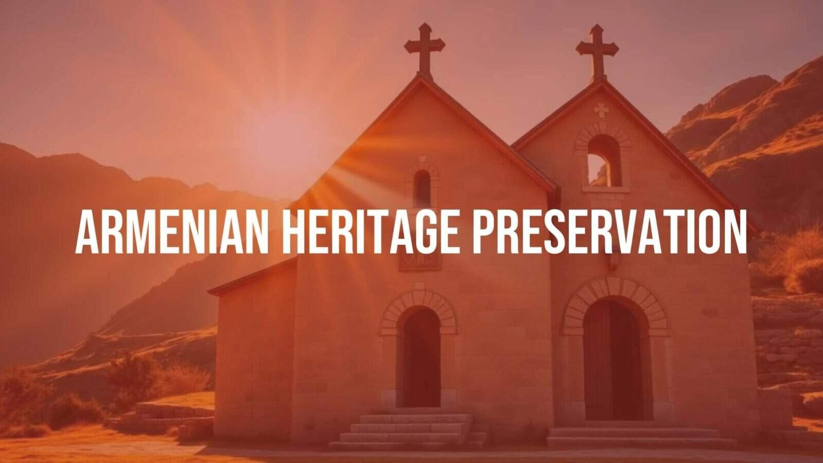 Ancient Armenian stone church under golden sunlight, surrounded by mountains, traditional Armenian cross carved into stone, serene and historic atmosphere, realistic.
