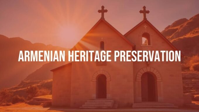 Ancient Armenian stone church under golden sunlight, surrounded by mountains, traditional Armenian cross carved into stone, serene and historic atmosphere, realistic.