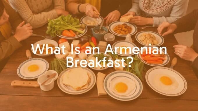 A traditional Armenian breakfast spread, featuring fresh vegetables, assorted cheeses, eggs, and warm bread on a wooden table, family gathering, cozy and inviting atmosphere, realistic.