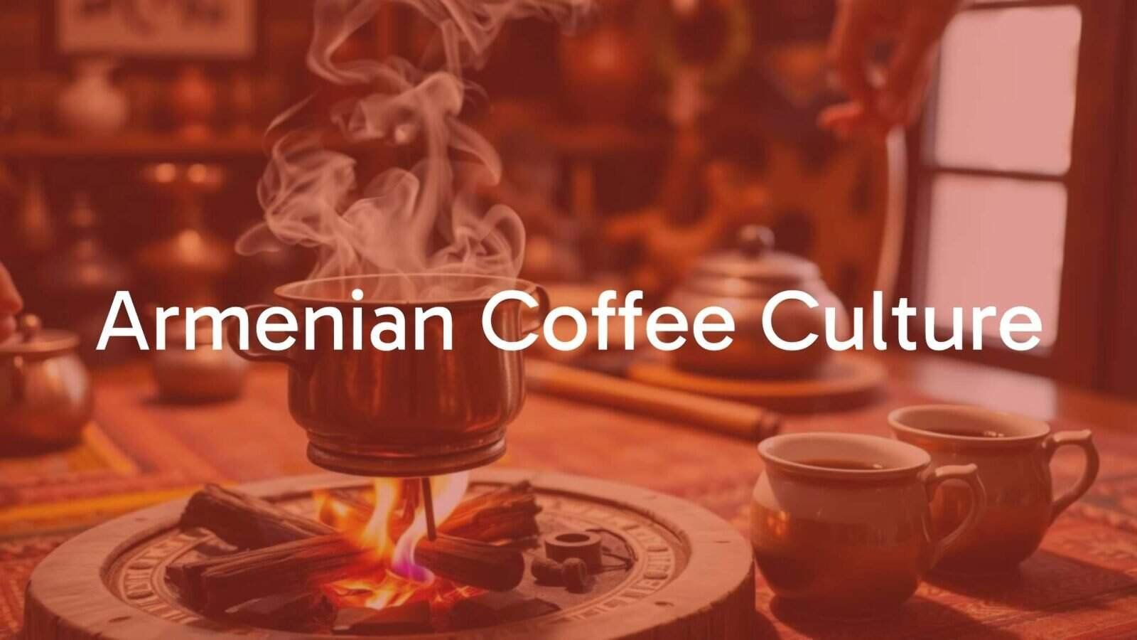 Traditional Armenian coffee ceremony in a cozy setting, copper cezve brewing over fire, aromatic steam rising, warm and inviting atmosphere, cultural details in the background, realistic style