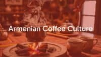 Traditional Armenian coffee ceremony in a cozy setting, copper cezve brewing over fire, aromatic steam rising, warm and inviting atmosphere, cultural details in the background, realistic style