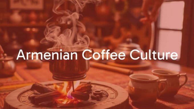 Traditional Armenian coffee ceremony in a cozy setting, copper cezve brewing over fire, aromatic steam rising, warm and inviting atmosphere, cultural details in the background, realistic style