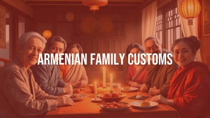 Armenian family gathering around a traditional table, warm lighting, rich cultural decor, smiling faces, realistic.