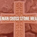 A detailed Armenian khachkar (cross stone) with intricate carvings of crosses, geometric patterns, and nature motifs, standing against a rustic stone background, realistic.