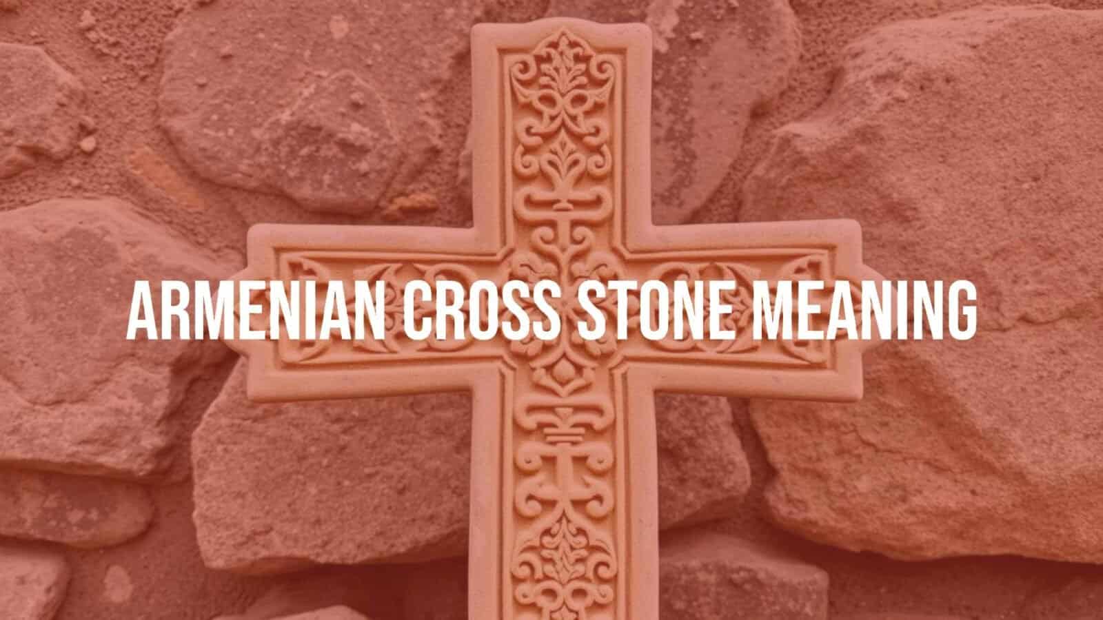 A detailed Armenian khachkar (cross stone) with intricate carvings of crosses, geometric patterns, and nature motifs, standing against a rustic stone background, realistic.