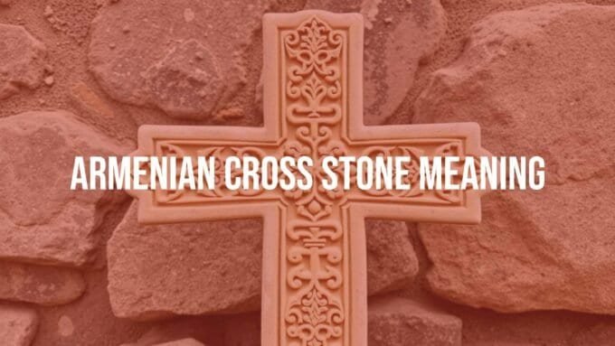 A detailed Armenian khachkar (cross stone) with intricate carvings of crosses, geometric patterns, and nature motifs, standing against a rustic stone background, realistic.