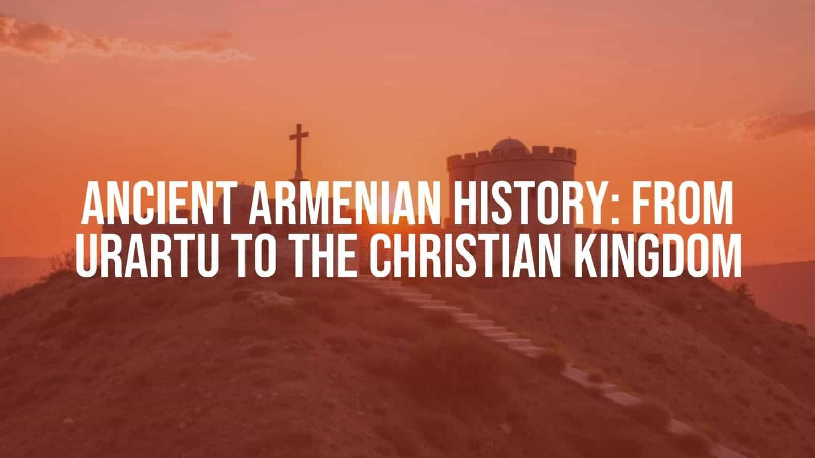 Ancient Armenian fortress on a hill, sunset, historical, detailed, with Christian crosses and Urartu artifacts, realistic.