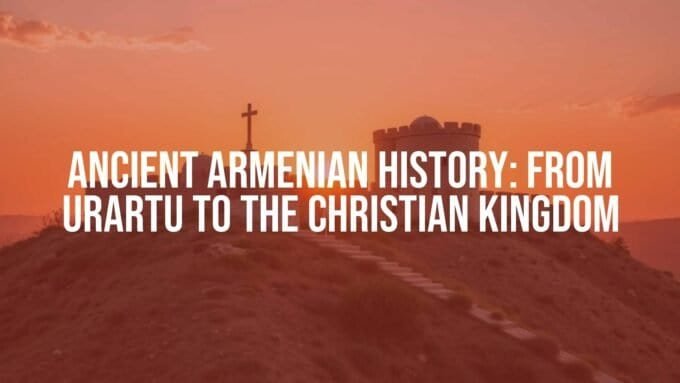 Ancient Armenian fortress on a hill, sunset, historical, detailed, with Christian crosses and Urartu artifacts, realistic.