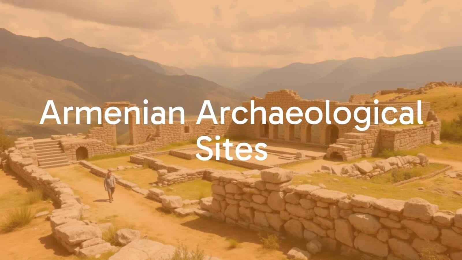 Ancient Armenian archaeological site, stone ruins under open sky, historical artifacts, mountainous landscape, realistic.
