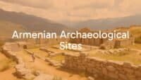 Ancient Armenian archaeological site, stone ruins under open sky, historical artifacts, mountainous landscape, realistic.