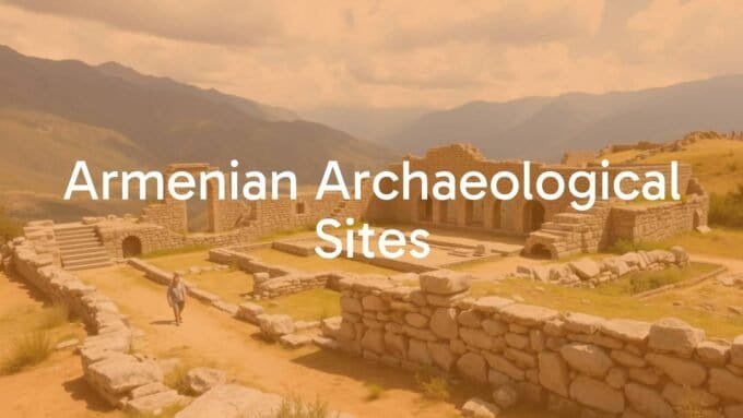 Ancient Armenian archaeological site, stone ruins under open sky, historical artifacts, mountainous landscape, realistic.