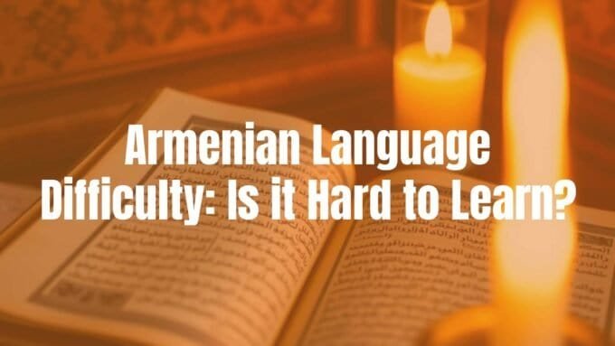 Old Armenian manuscript with intricate script, glowing candles, warm ambient light, historical ambiance, soft focus on the text.