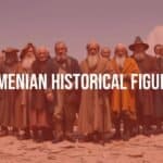 A group of distinguished Armenian historical figures, including leaders, artists, and scientists, standing together on a historical Armenian landscape, realistic style.