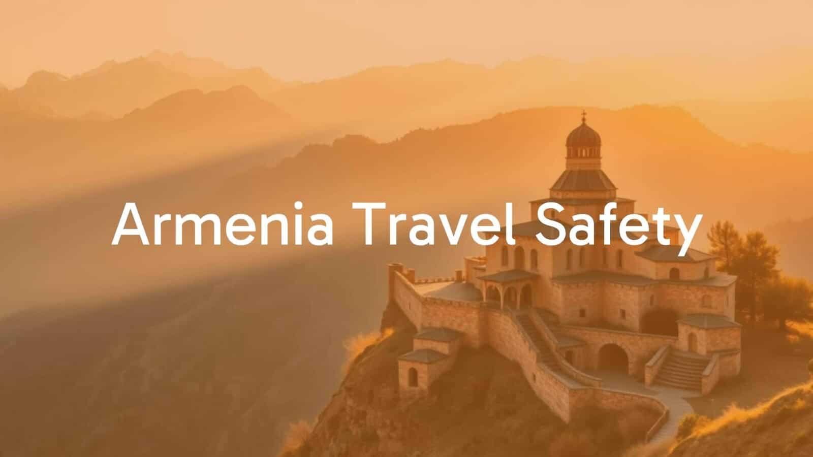 Scenic view of Armenia's mountains with ancient monastery, sunny day, peaceful atmosphere, realistic.