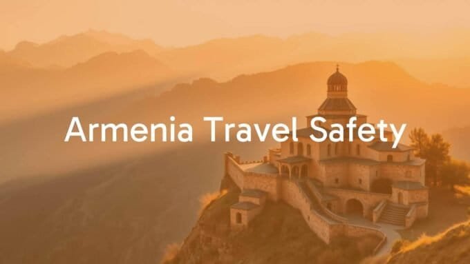 Scenic view of Armenia's mountains with ancient monastery, sunny day, peaceful atmosphere, realistic.