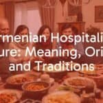 Armenian family welcoming guests with traditional food, warm and inviting atmosphere, cultural elements, cozy home setting, realistic.